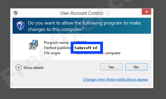Screenshot where Sakysoft srl appears as the verified publisher in the UAC dialog